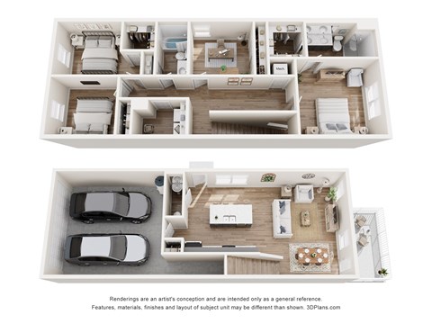 A 3D floor plan of a house with two bedrooms, a living room, a kitchen, and a garage.
